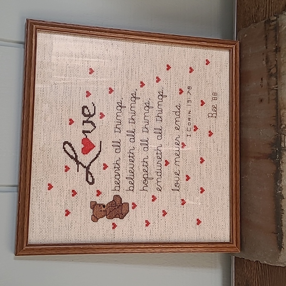 Vintage Framed Love Cross-Stitch Art w/Hearts, Bear, 13.75"x13.75", Bible Verse